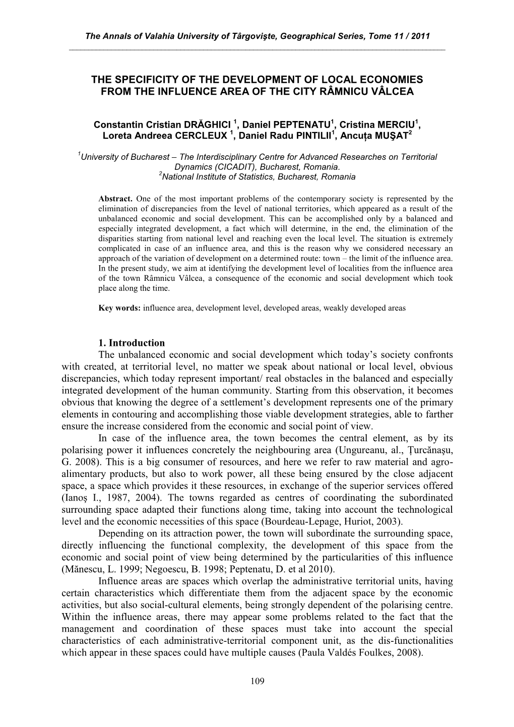 The Specificity of the Development of Local Economies from the Influence Area of the City Râmnicu Vâlcea