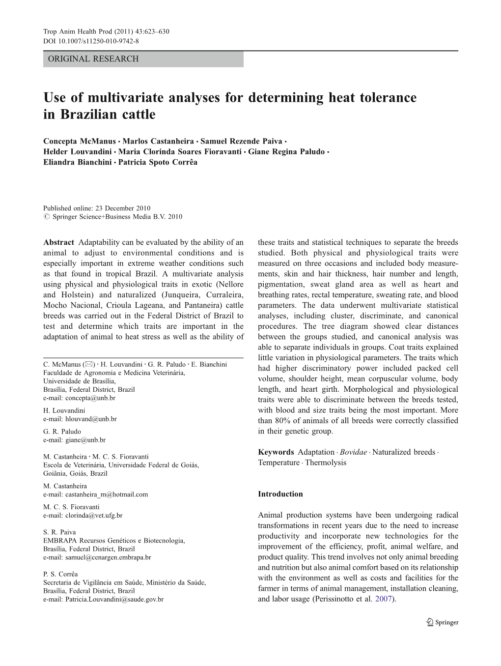 Use of Multivariate Analyses for Determining Heat Tolerance in Brazilian Cattle