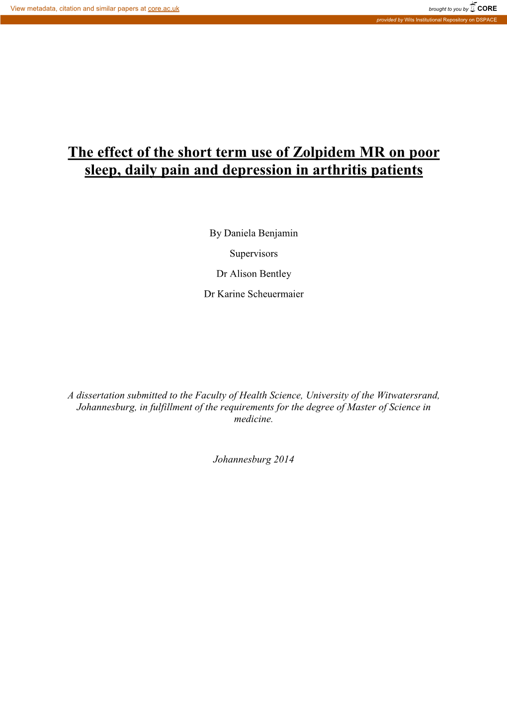 The Effect of the Short Term Use of Zolpidem MR on Poor Sleep, Daily Pain and Depression in Arthritis Patients