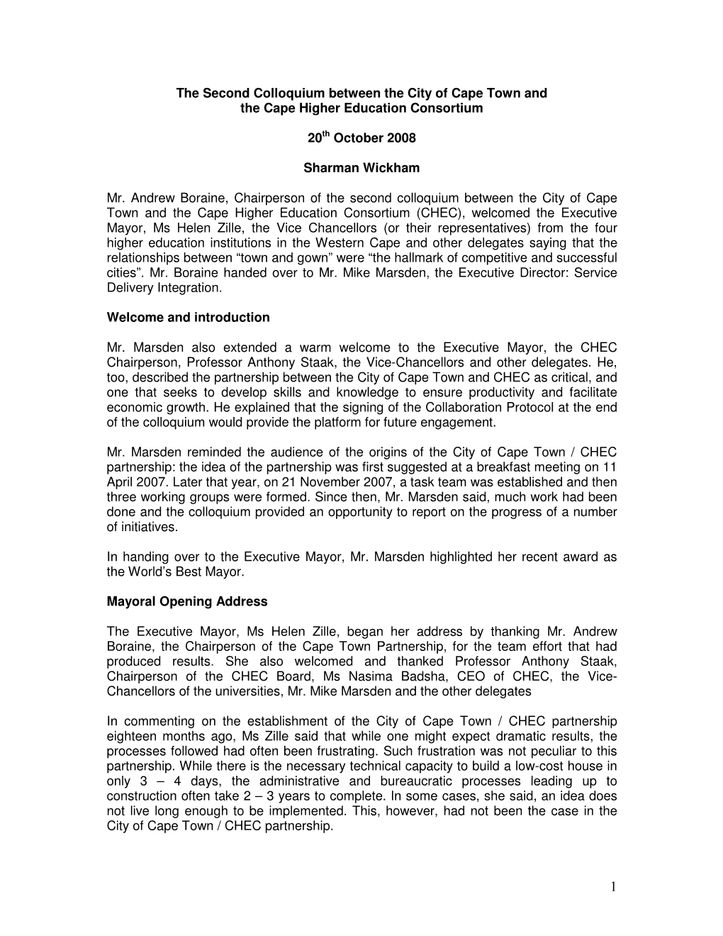Report on CHEC and City of Cape Town Colloquium, 2007, Sharman