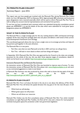 PLYMOUTH PLAN COLLECT Summary Report – June 2016
