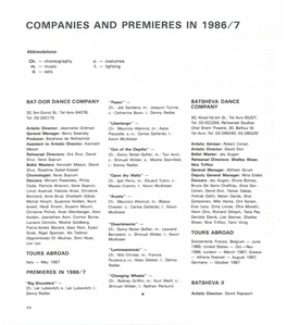 Companies and Premieres in 1986/7