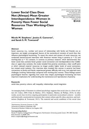 Lower Social Class Does Not (Always) Mean Greater Interdependence: Women in Poverty Have Fewer Social Resources Than Working-Cla