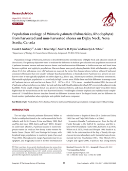 Population Ecology of Palmaria Palmata (Palmariales, Rhodophyta) from Harvested and Non-Harvested Shores on Digby Neck, Nova Scotia, Canada