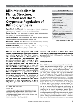 "Bilin Metabolism in Plants: Structure, Function and Haem Oxygenase