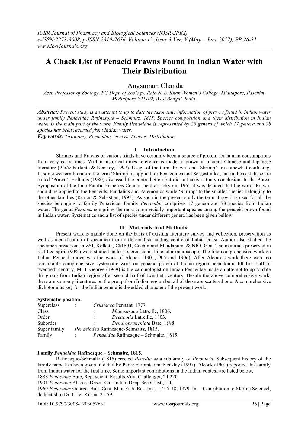 A Chack List of Penaeid Prawns Found in Indian Water with Their Distribution