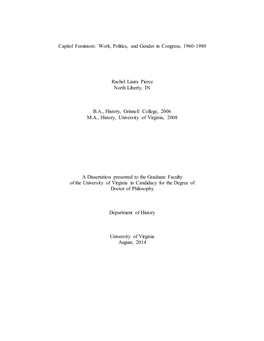 Capitol Feminism: Work, Politics, and Gender in Congress, 1960-1980