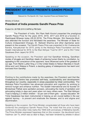 PRESIDENT of INDIA PRESENTS GANDHI PEACE PRIZE Relevant For: Pre-Specific GK | Topic: Important Prizes and Related Facts