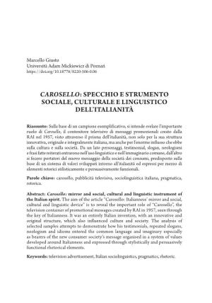 Carosello: Specchio E Strumento Sociale, Culturale E Linguistico Dell’Italianità