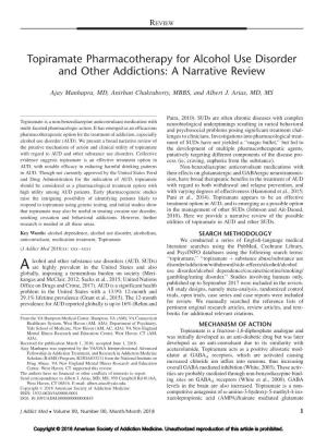 Topiramate Pharmacotherapy for Alcohol Use Disorder and Other