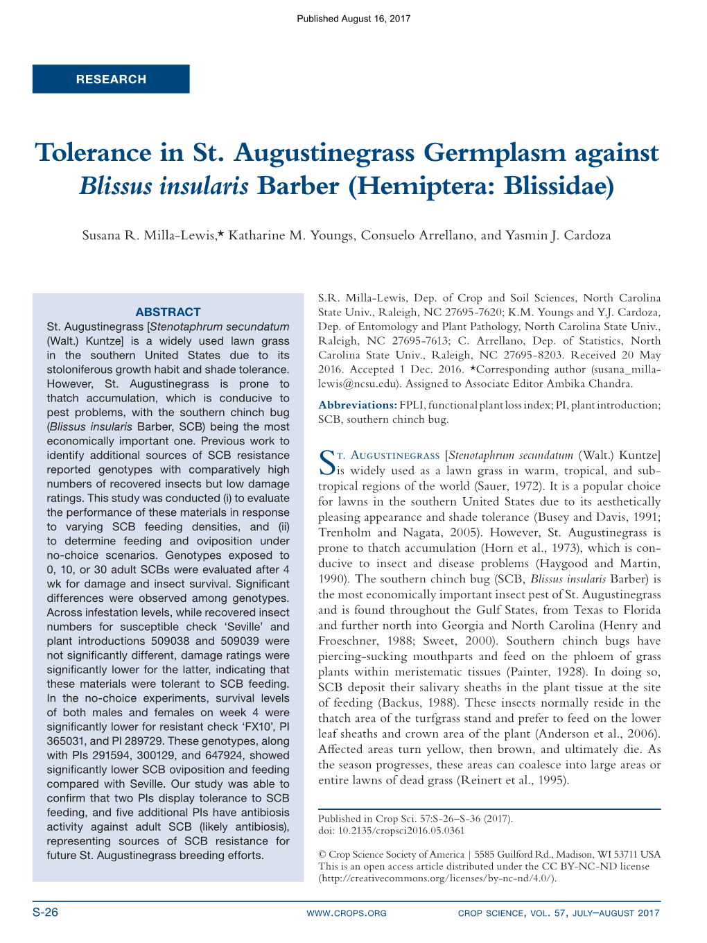 Tolerance in St. Augustinegrass Germplasm Against Blissus Insularis Barber (Hemiptera: Blissidae)
