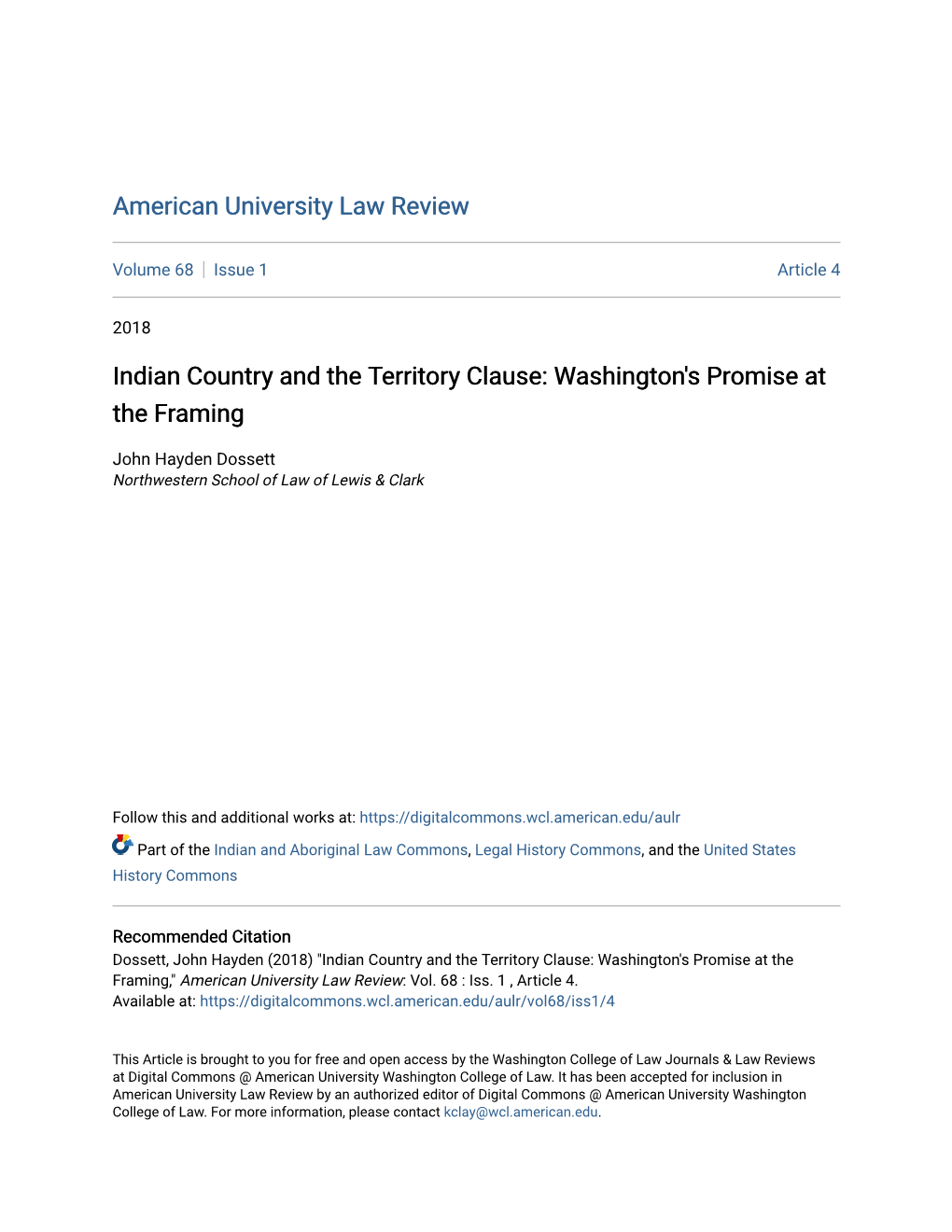 Indian Country and the Territory Clause: Washington's Promise at the Framing