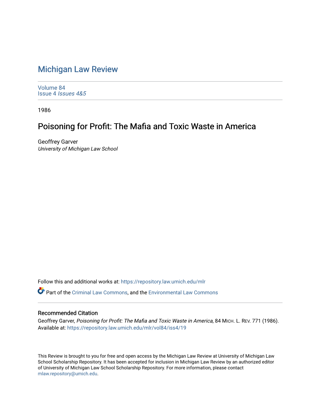 Poisoning for Profit: the Mafia and Toxic Waste in America