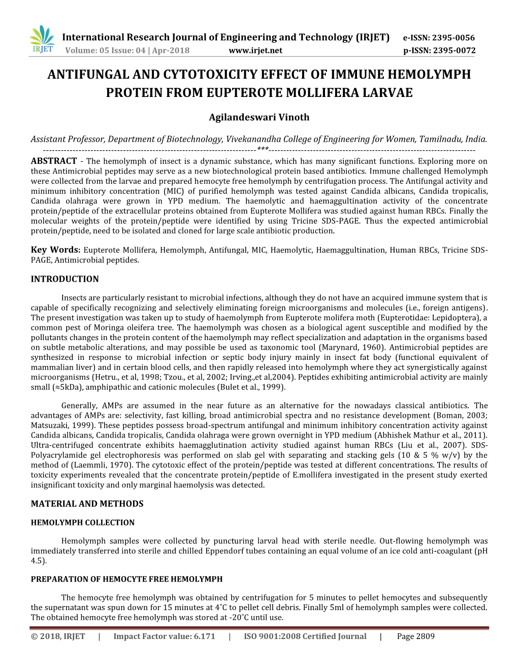 Antifungal and Cytotoxicity Effect of Immune Hemolymph Protein from Eupterote Mollifera Larvae