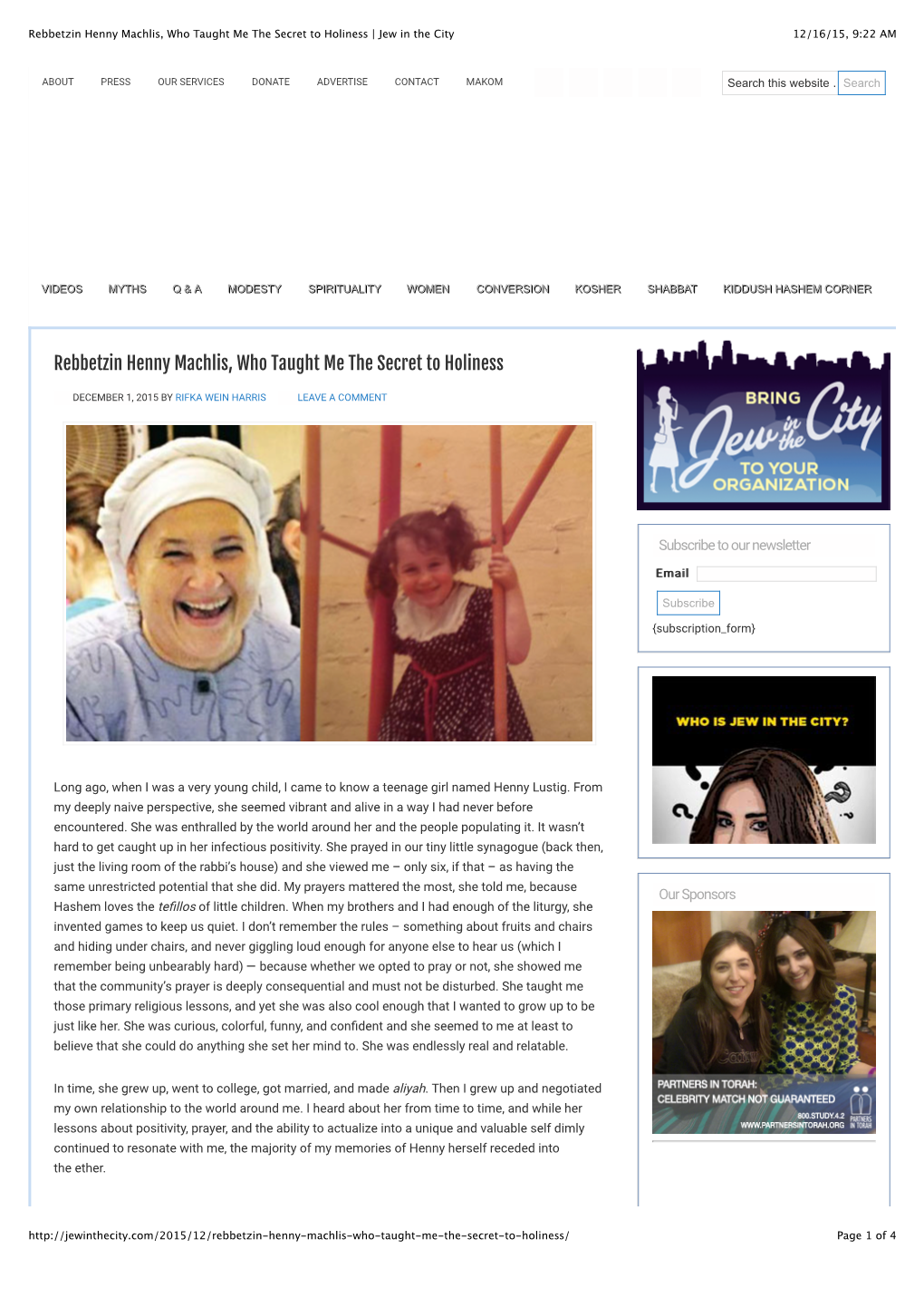 Rebbetzin Henny Machlis, Who Taught Me the Secret to Holiness | Jew in the City 12/16/15, 9:22 AM