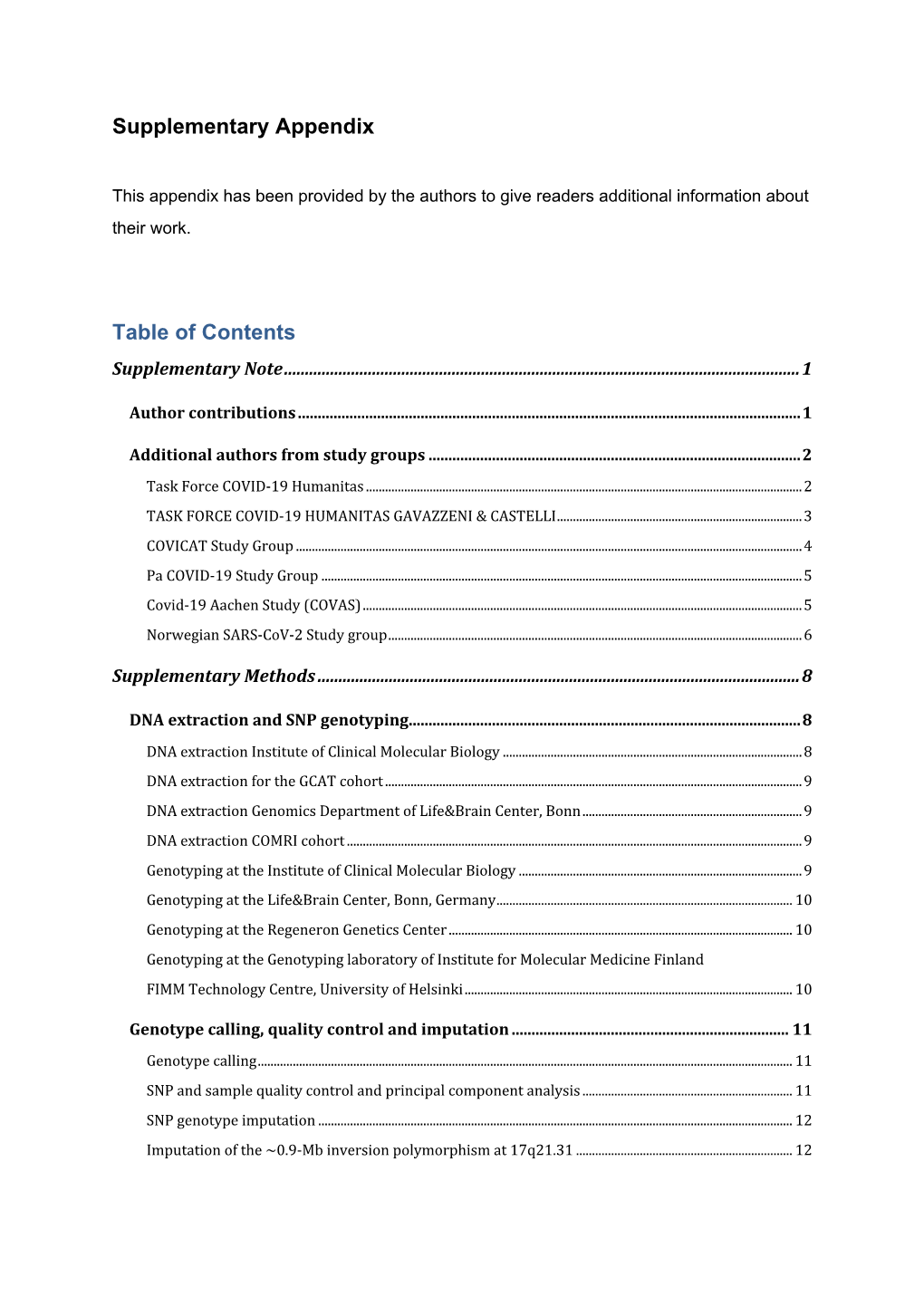 Supplementary Appendix Table of Contents