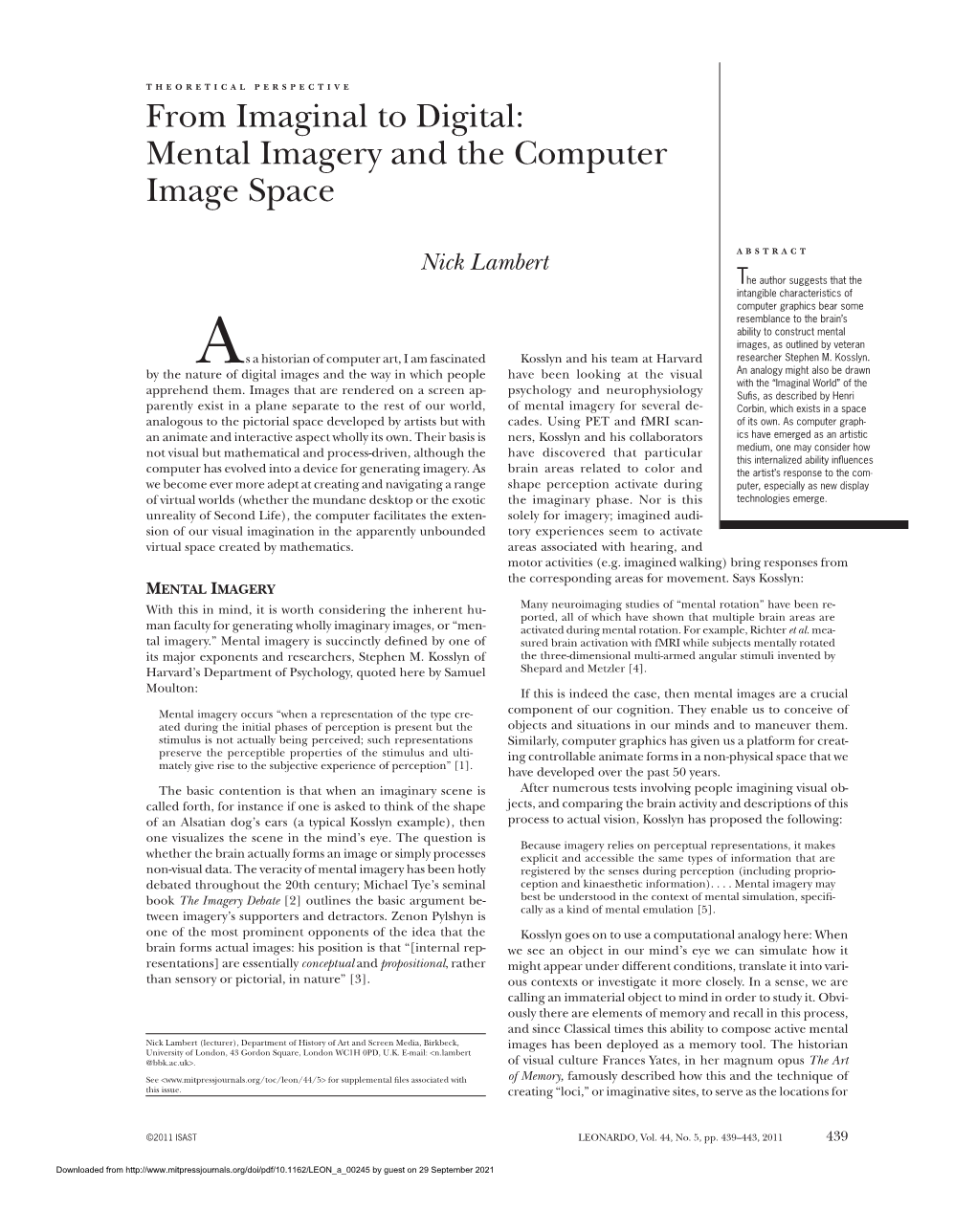 Mental Imagery and the Computer Image Space