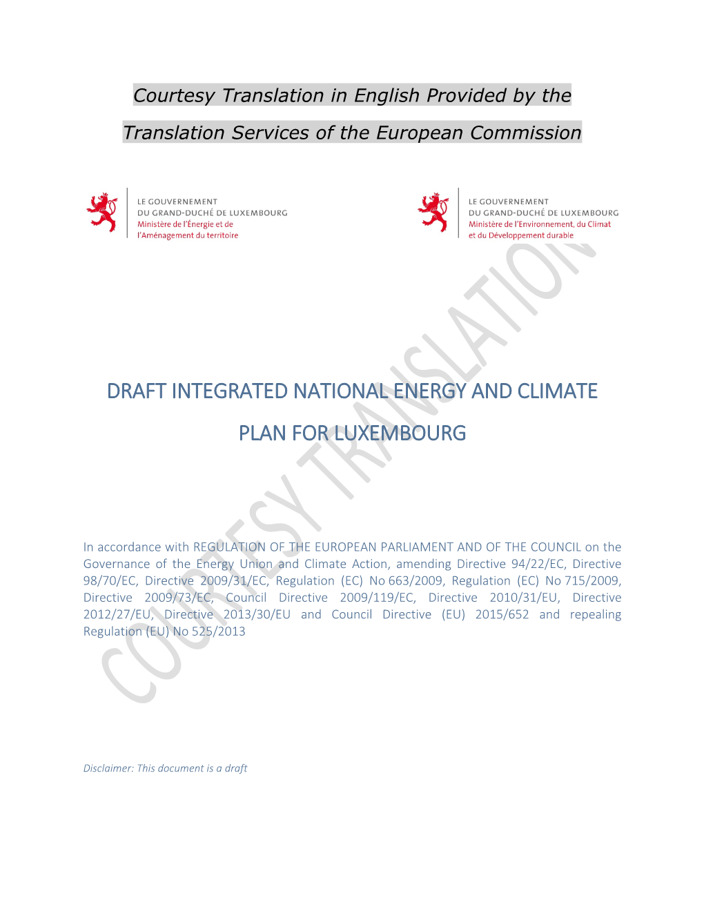 Draft Integrated National Energy and Climate Plan for Luxembourg