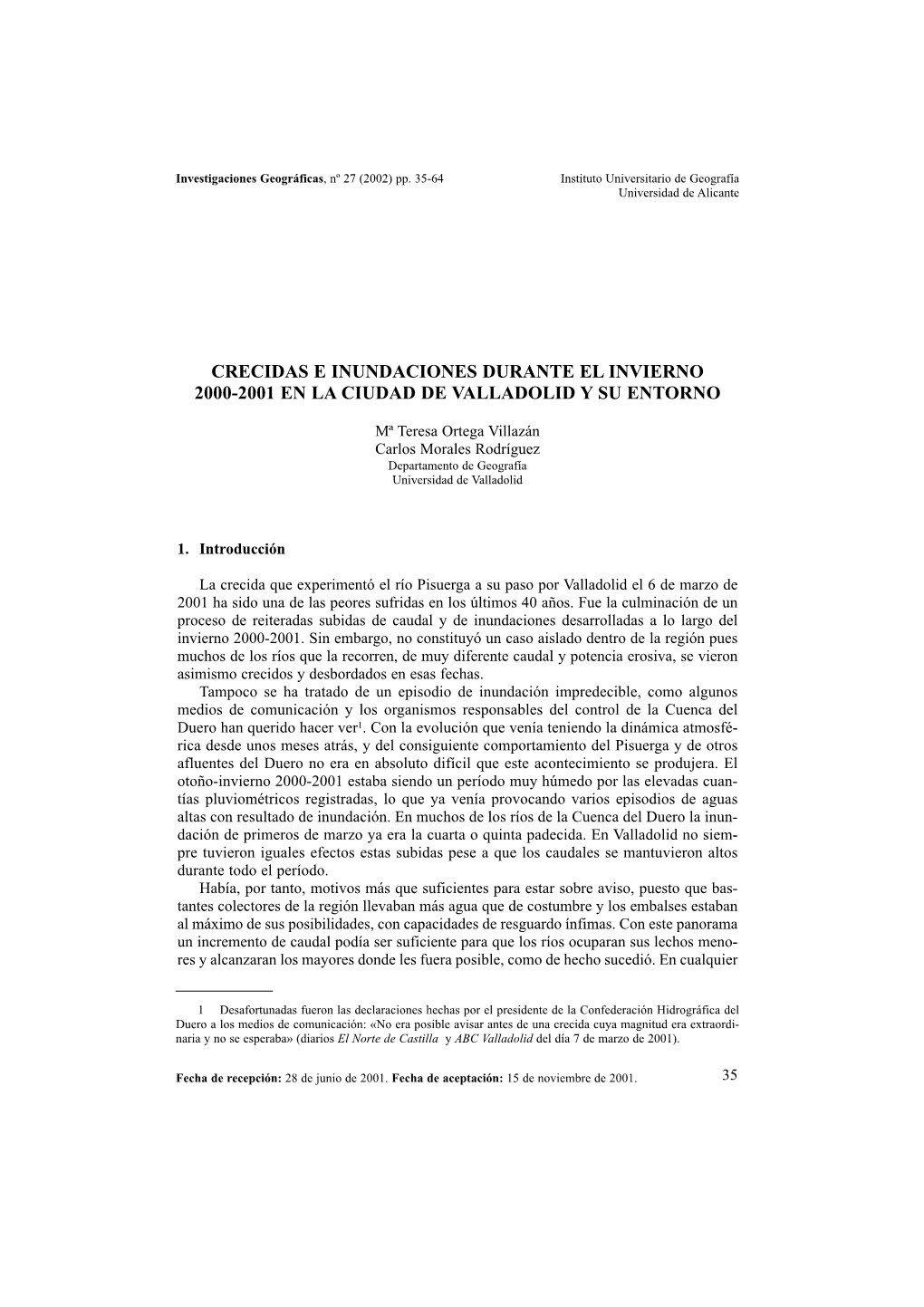 Crecidas E Inundaciones Durante El Invierno 2000-2001 En La Ciudad De Valladolid Y Su Entorno