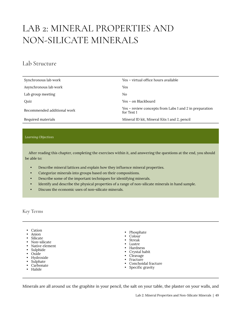 Lab 2: Mineral Properties and Non-Silicate Minerals