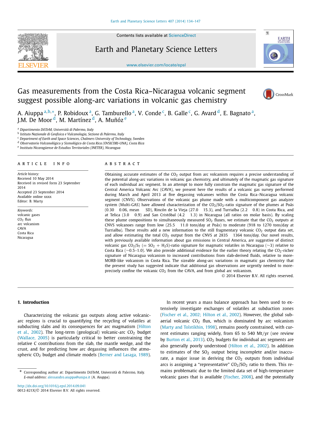 Gas Measurements from the Costa Rica–Nicaragua Volcanic Segment Suggest Possible Along-Arc Variations in Volcanic Gas Chemistry ∗ A