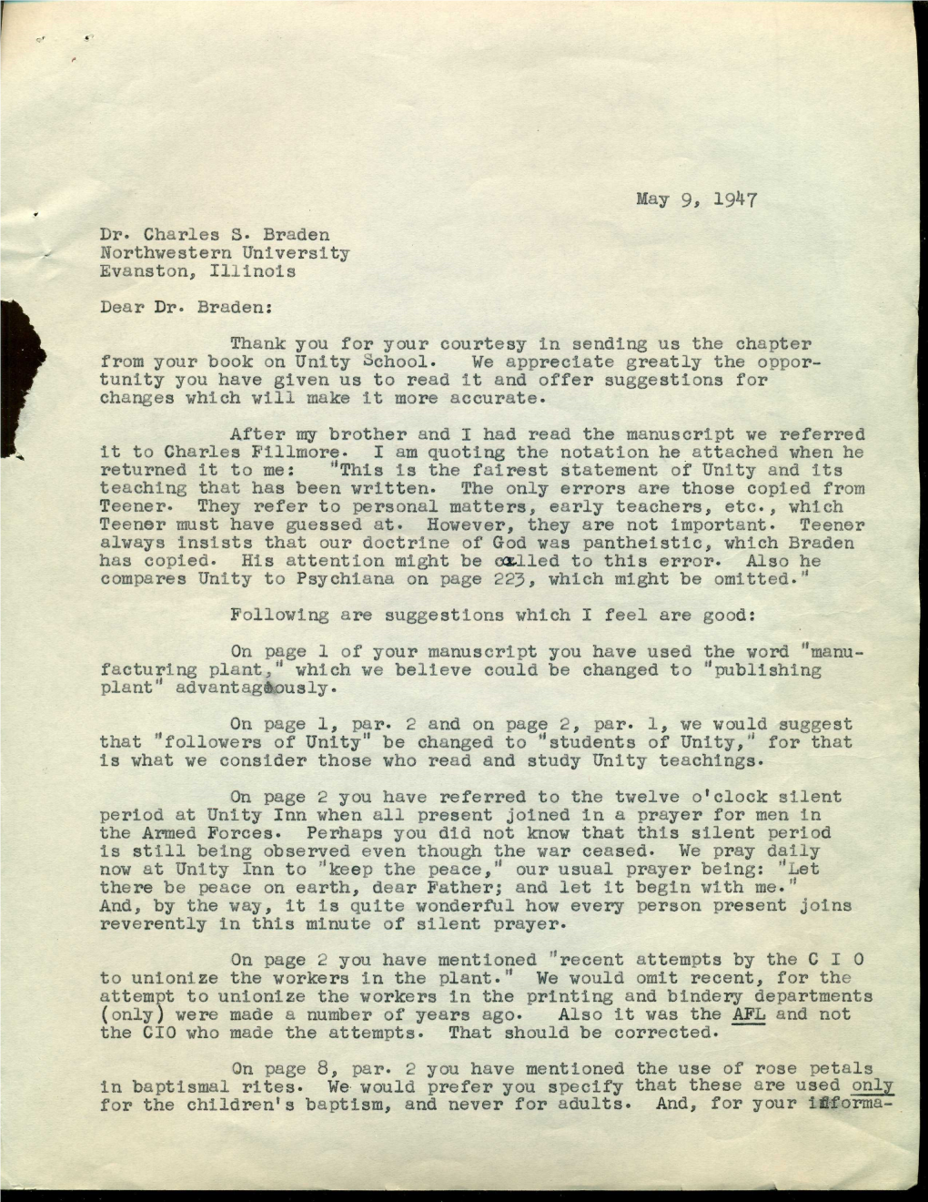 May 9, 19^7 Dr. Charles S. Braden Northwestern University Evanston, Illinois Dear Dr. Braden: Thank You for Your Courtesy In