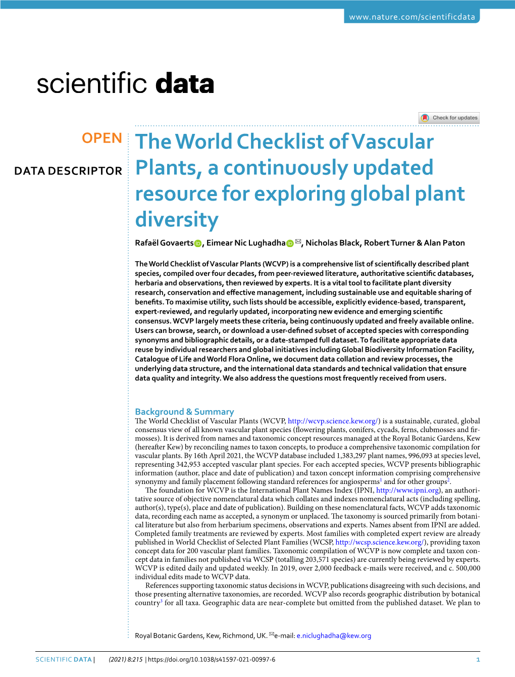 The World Checklist of Vascular Plants, a Continuously Updated