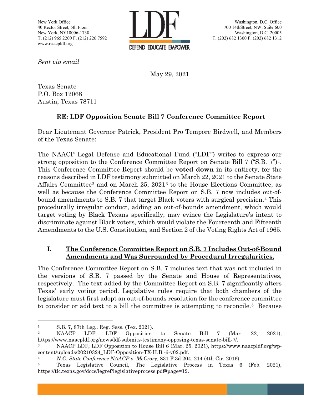 LDF Opposition Senate Bill 7 Conference Committee Report