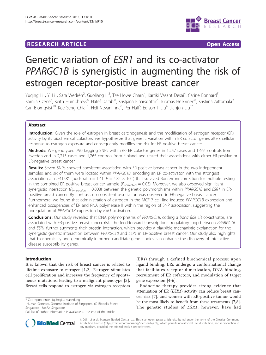 Genetic Variation of ESR1 and Its Co-Activator PPARGC1B Is