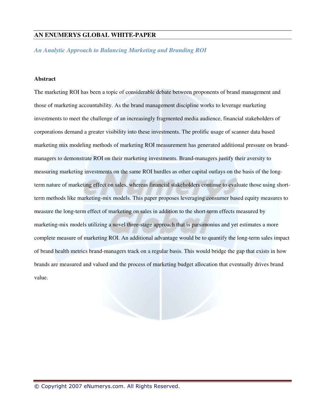 AN ENUMERYS GLOBAL WHITE-PAPER an Analytic Approach to Balancing Marketing and Branding