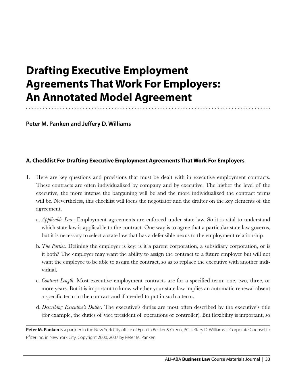 Drafting Executive Employment Agreements That Work for Employers: an Annotated Model Agreement