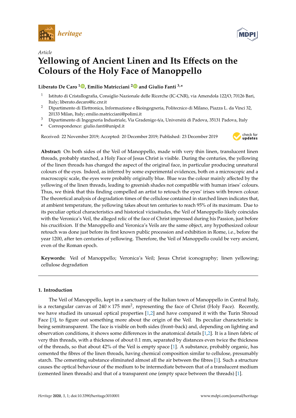 Yellowing of Ancient Linen and Its Effects on the Colours of the Holy Face of Manoppello