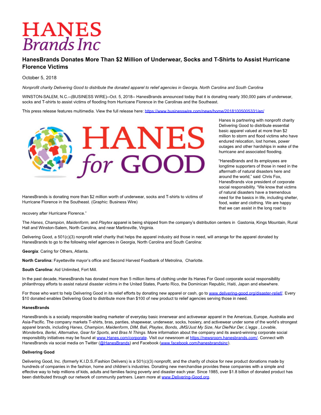 Hanesbrands Donates More Than $2 Million of Underwear, Socks and T-Shirts to Assist Hurricane Florence Victims