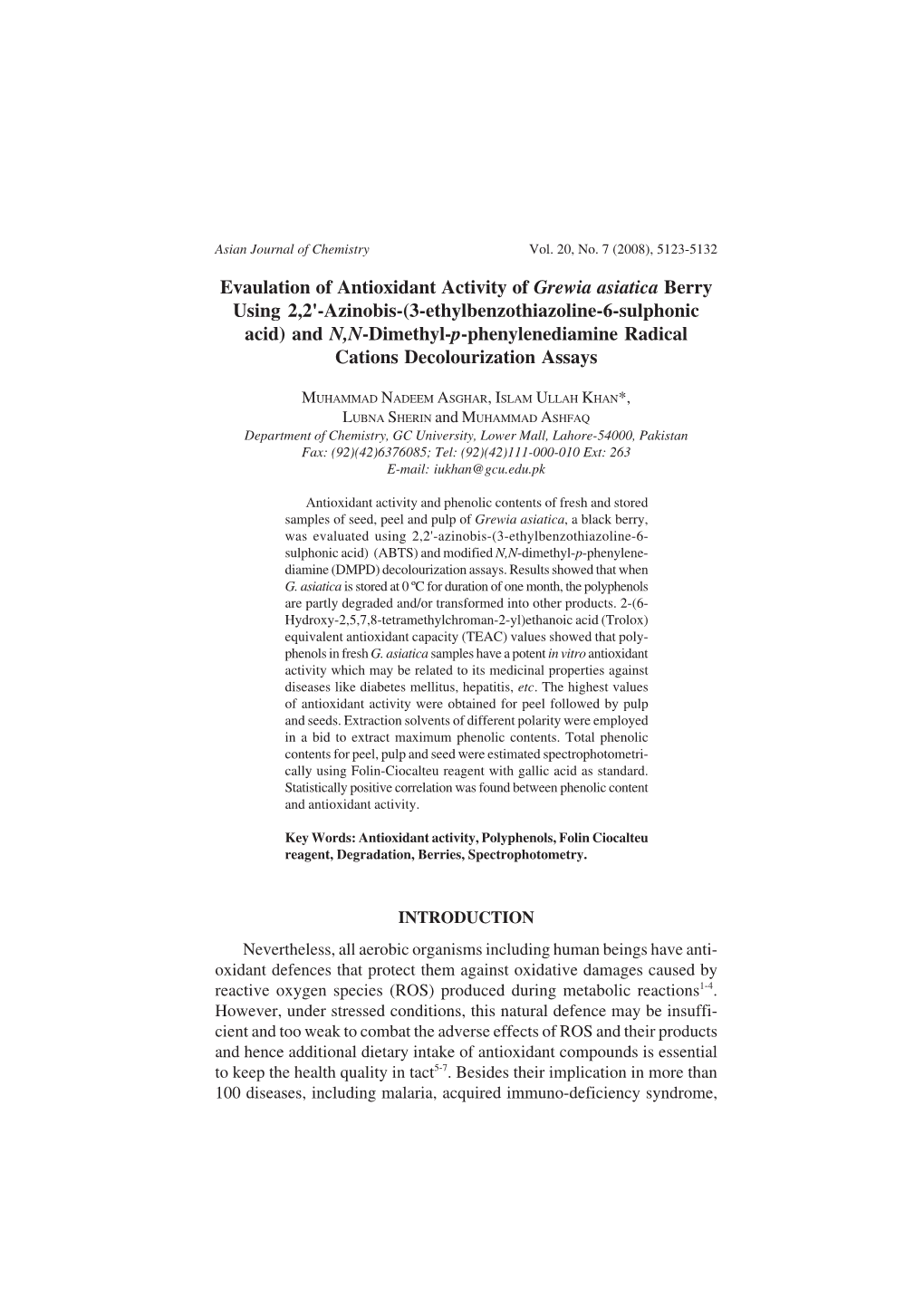 Evaulation of Antioxidant Activity of Grewia Asiatica Berry Using