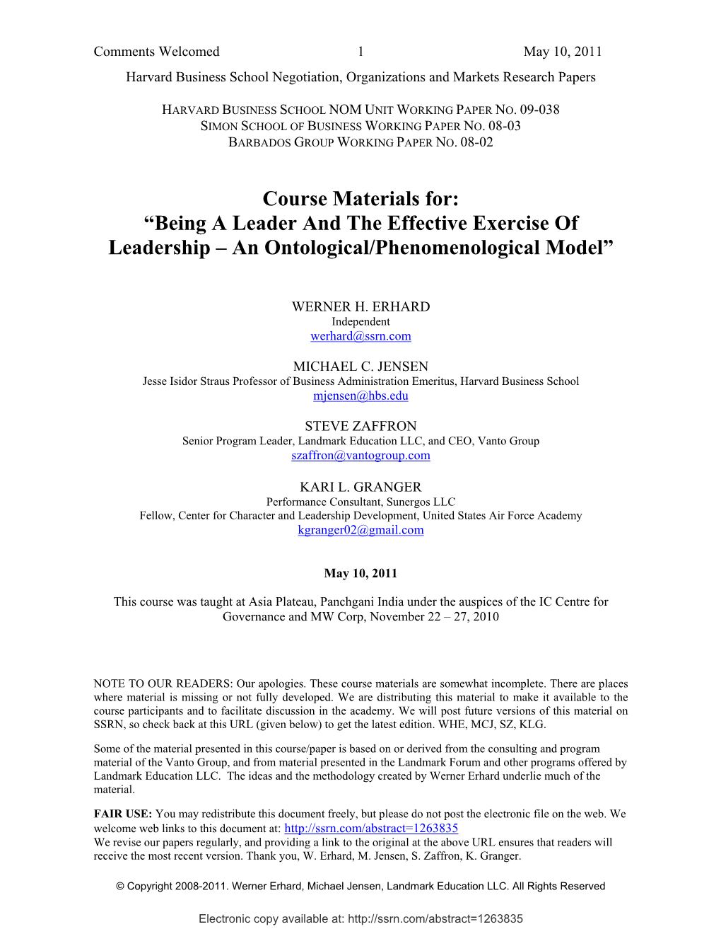 Course Materials For: “Being a Leader and the Effective Exercise of Leadership – an Ontological/Phenomenological Model”