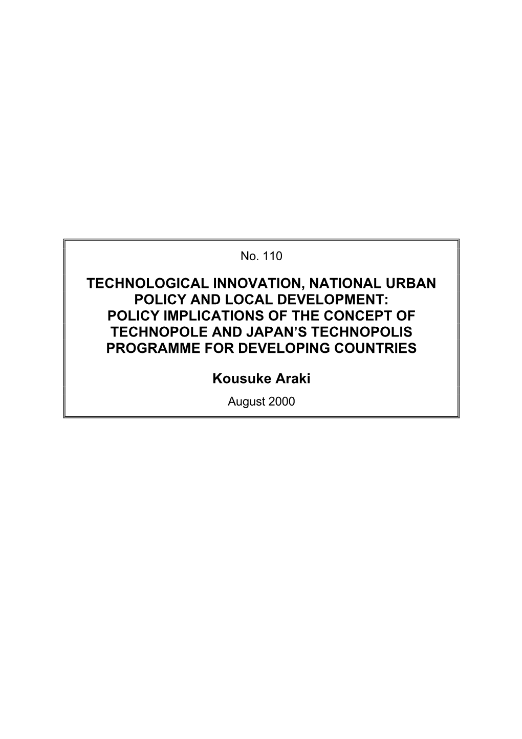 Technological Innovation, National Urban