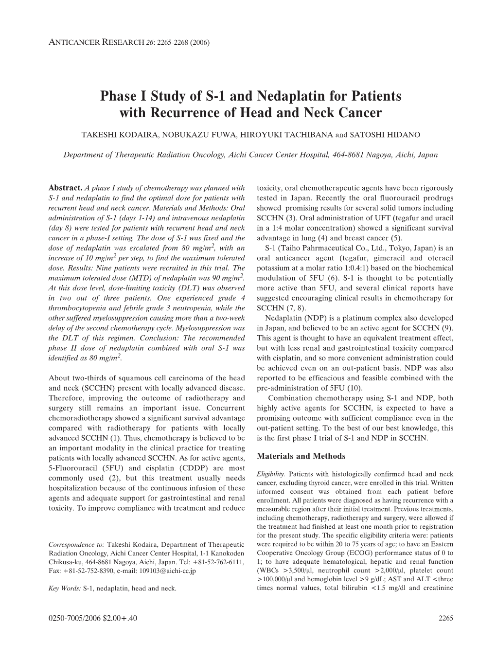 Phase I Study of S-1 and Nedaplatin for Patients with Recurrence of Head and Neck Cancer