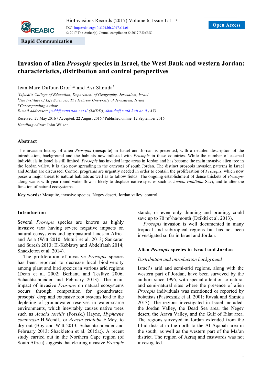 Invasion of Alien Prosopis Species in Israel, the West Bank and Western Jordan: Characteristics, Distribution and Control Perspectives