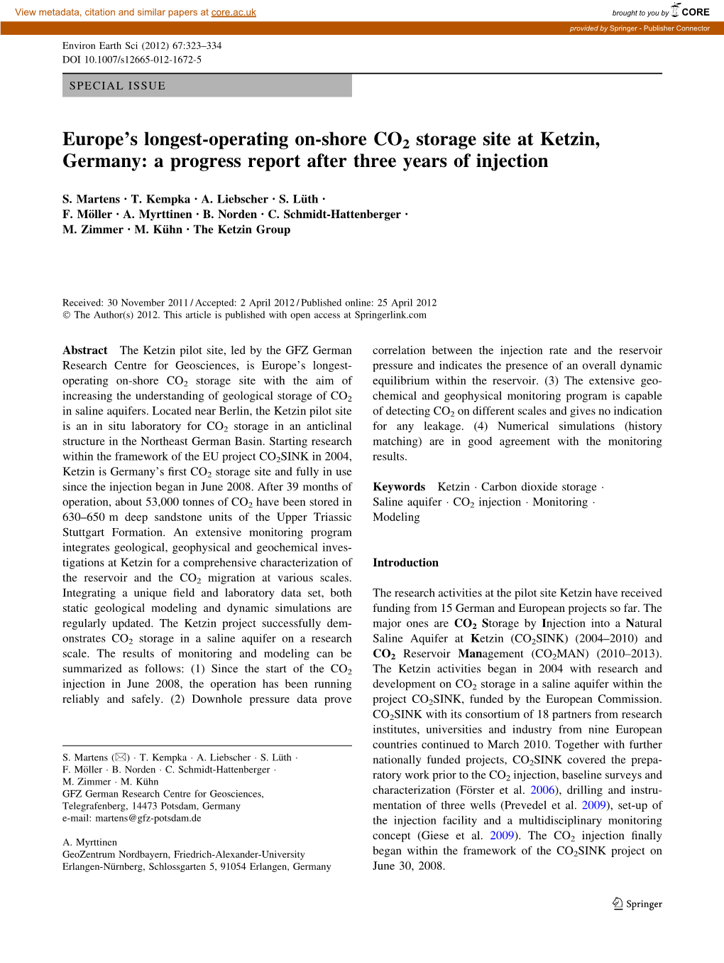 Europe's Longest-Operating On-Shore CO2 Storage Site at Ketzin