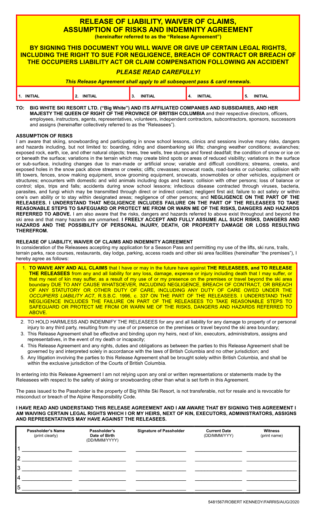 RELEASE of LIABILITY, WAIVER of CLAIMS, ASSUMPTION of RISKS and INDEMNITY AGREEMENT (Hereinafter Referred to As the “Release Agreement”)