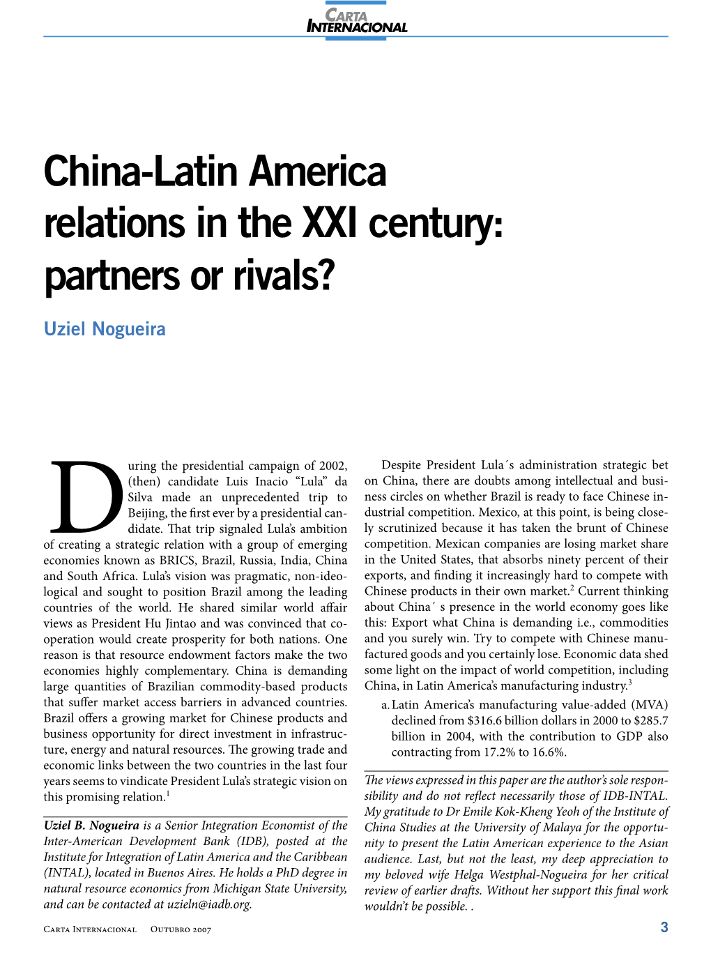 China-Latin America Relations in the XXI Century: Partners Or Rivals?