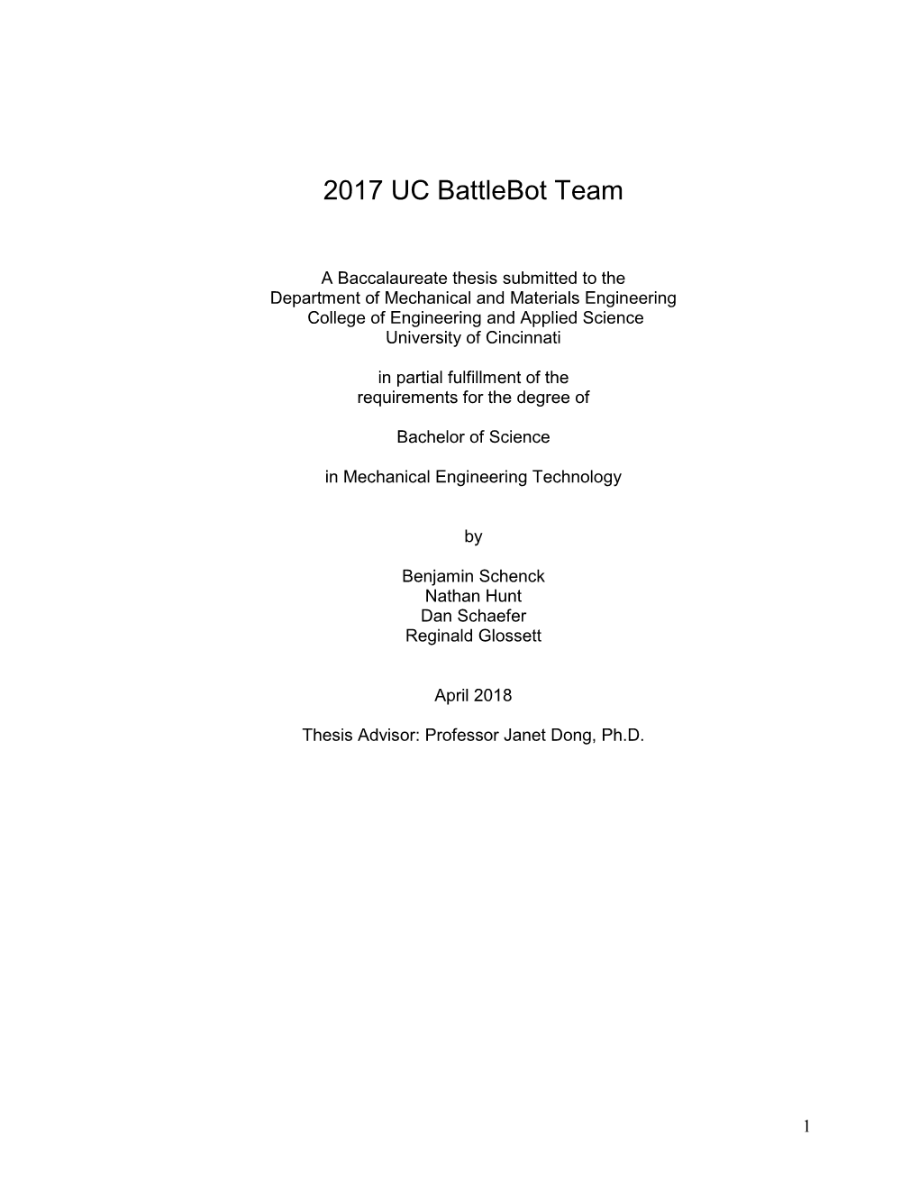 2017 UC Battlebot Team