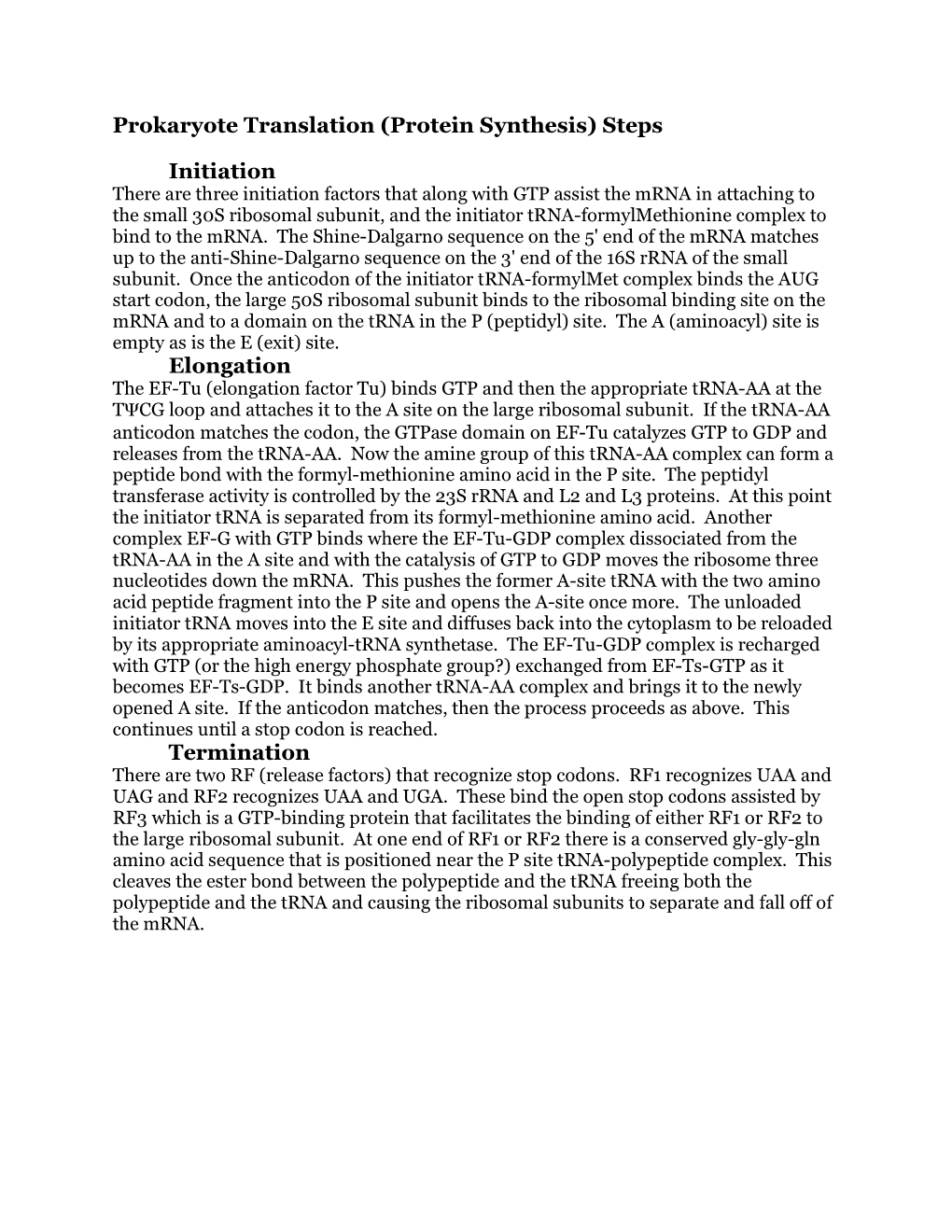 Prokaryote Translation (Protein Synthesis) Steps Initiation