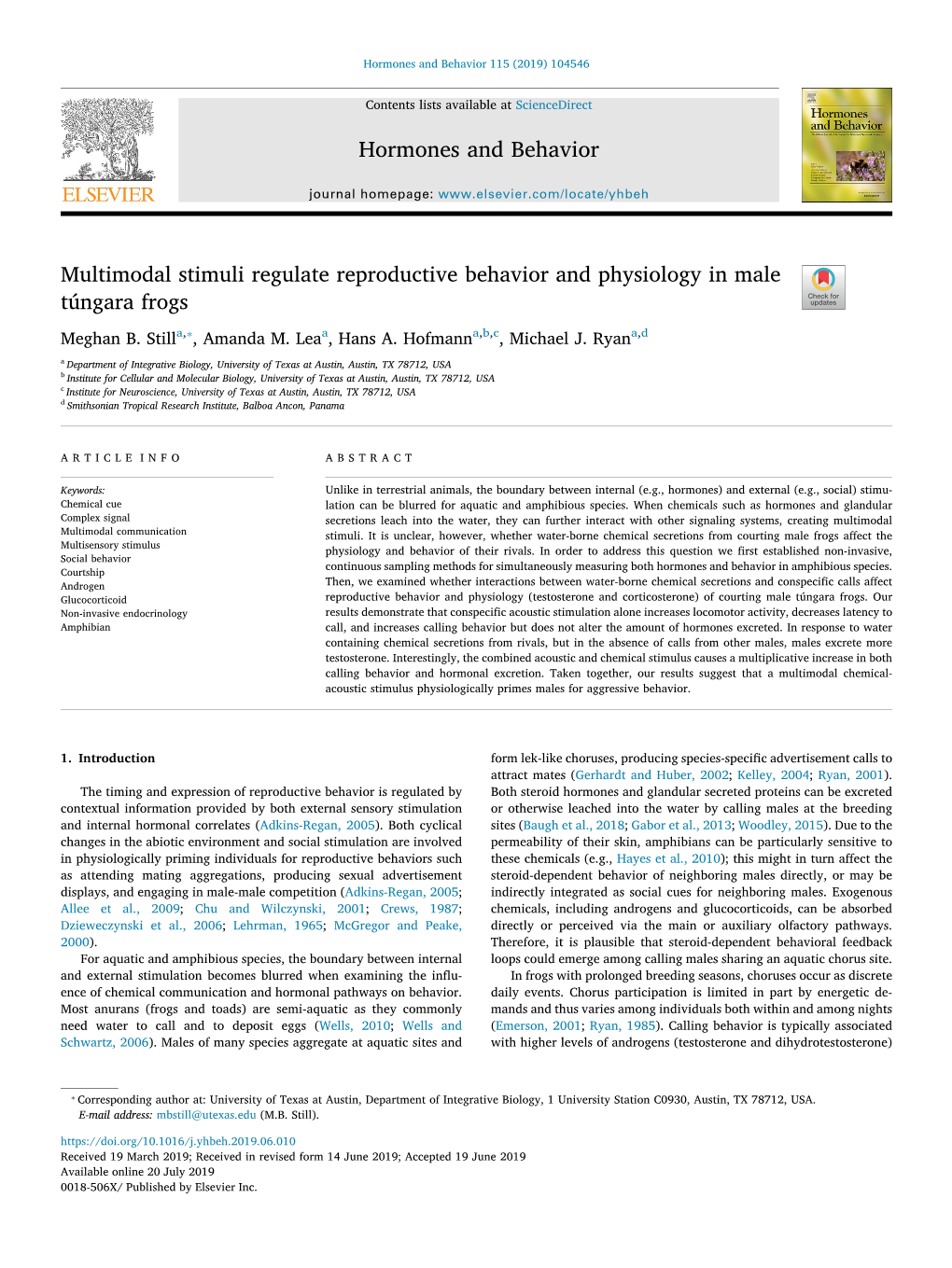 Multimodal Stimuli Regulate Reproductive Behavior and Physiology in Male T Túngara Frogs ⁎ Meghan B