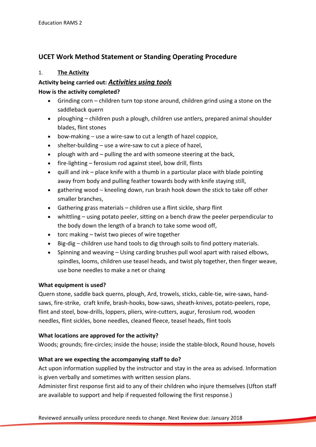 UCET Work Method Statement Or Standing Operating Procedure