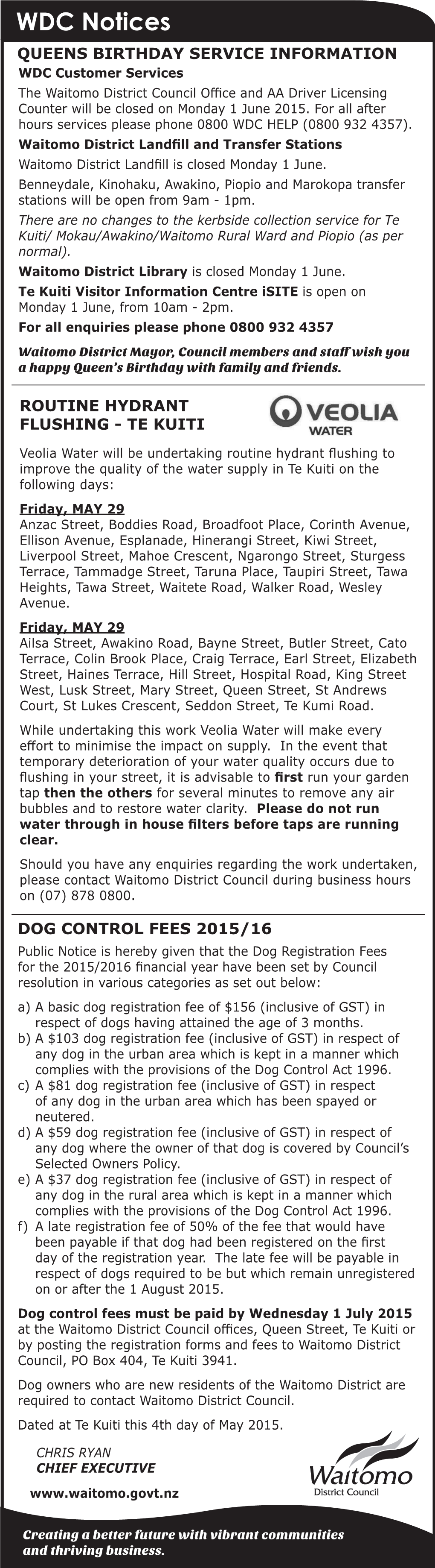 Te Kuiti. Dog Control Fees 2015/16. (PDF