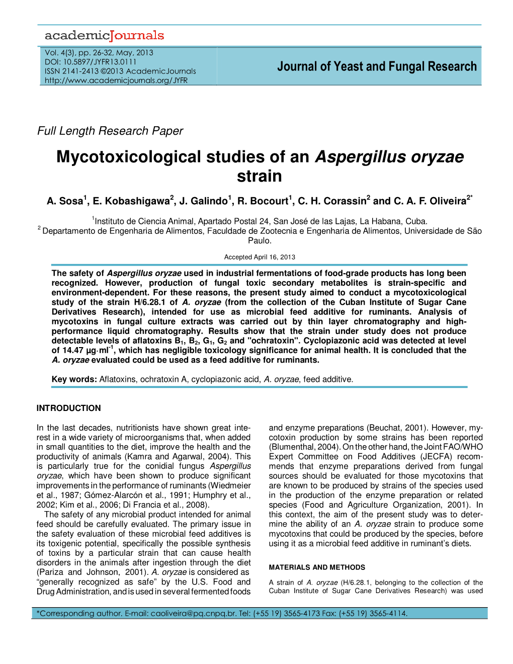 Mycotoxicological Studies of an Aspergillus Oryzae Strain