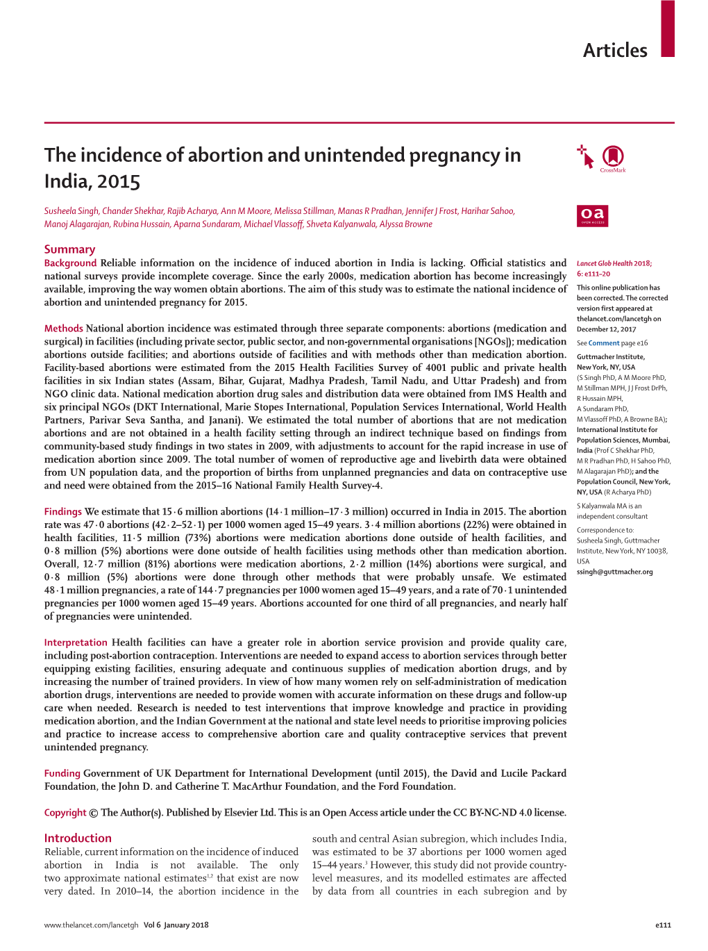 The Incidence of Abortion and Unintended Pregnancy in India, 2015