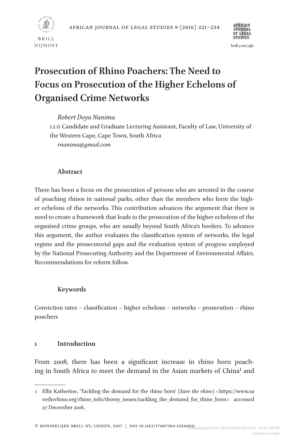 Prosecution of Rhino Poachers: the Need to Focus on Prosecution of the Higher Echelons of Organised Crime Networks