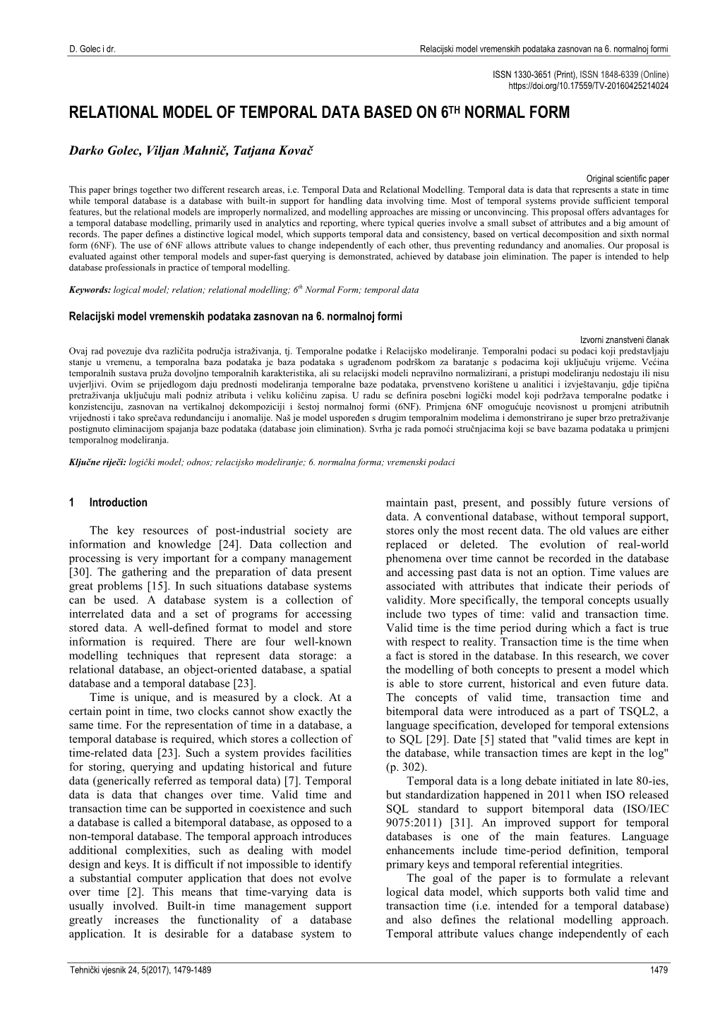 Relational Model of Temporal Data Based on 6Th Normal Form